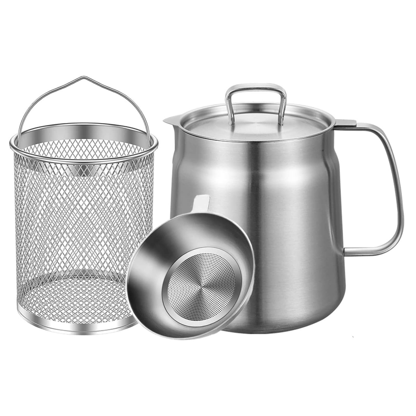 2 in 1 304 Stainless Steel Oil Strainer Pot Large Capacity Filter Pot with Deep Fryer Basket for Kitchen Camping 68oz 2L
