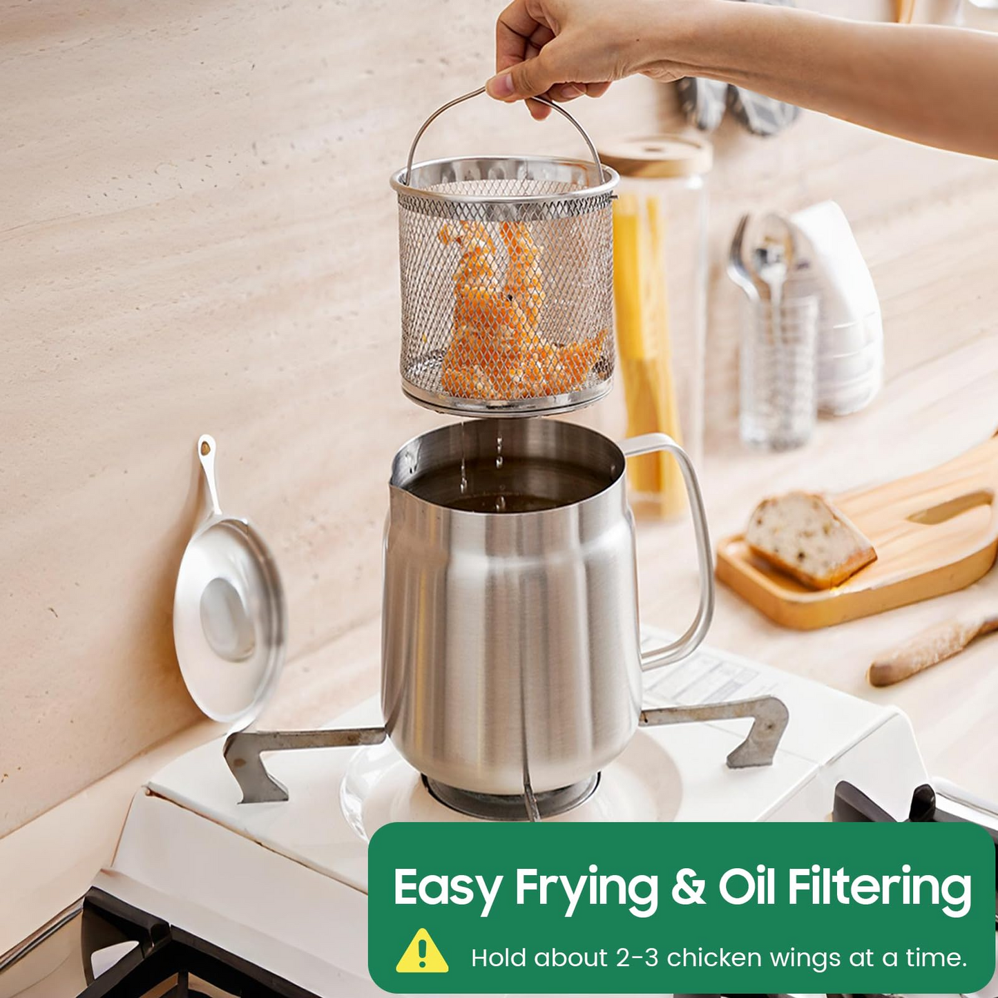 2 in 1 304 Stainless Steel Oil Strainer Pot Large Capacity Filter Pot with Deep Fryer Basket for Kitchen Camping 68oz 2L