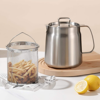 2 in 1 304 Stainless Steel Oil Strainer Pot Large Capacity Filter Pot with Deep Fryer Basket for Kitchen Camping 68oz 2L