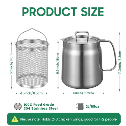 2 in 1 304 Stainless Steel Oil Strainer Pot Large Capacity Filter Pot with Deep Fryer Basket for Kitchen Camping 68oz 2L