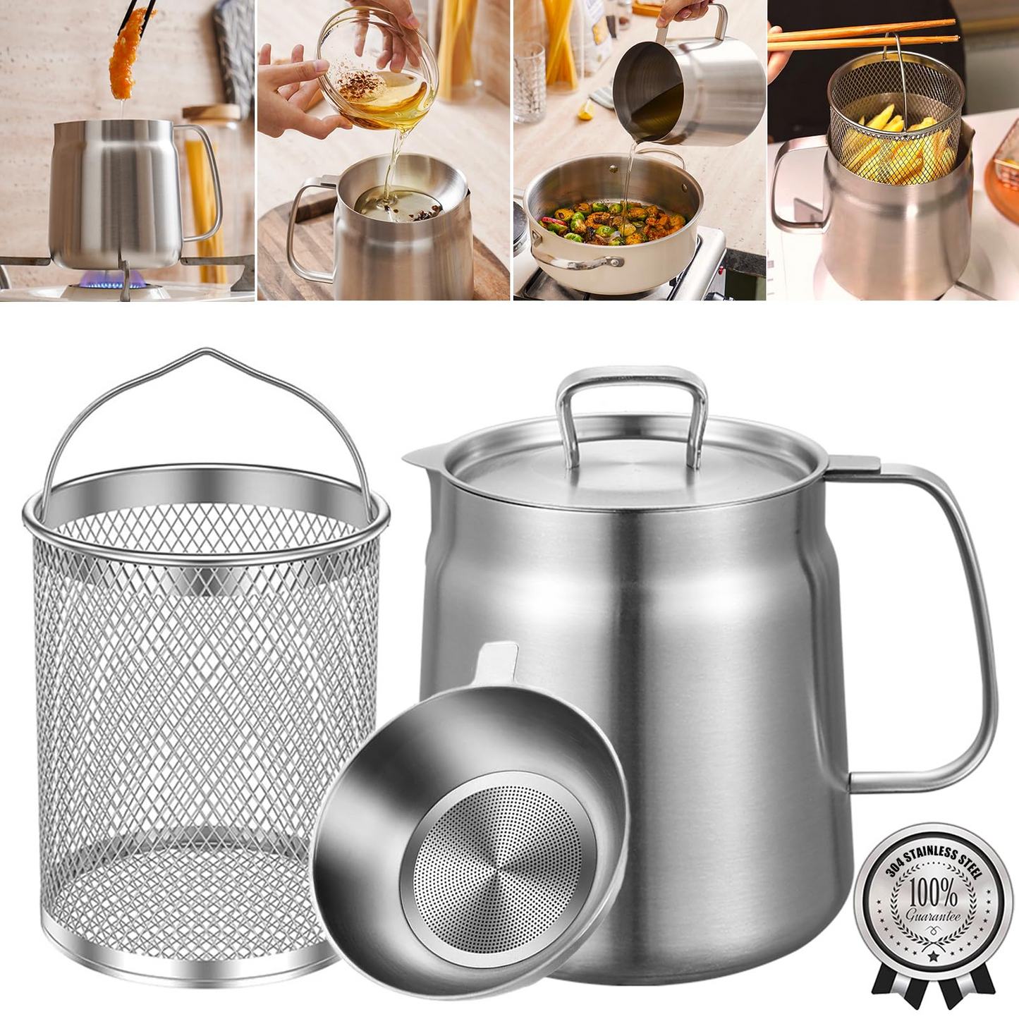 2 in 1 304 Stainless Steel Oil Strainer Pot Large Capacity Filter Pot with Deep Fryer Basket for Kitchen Camping 68oz 2L