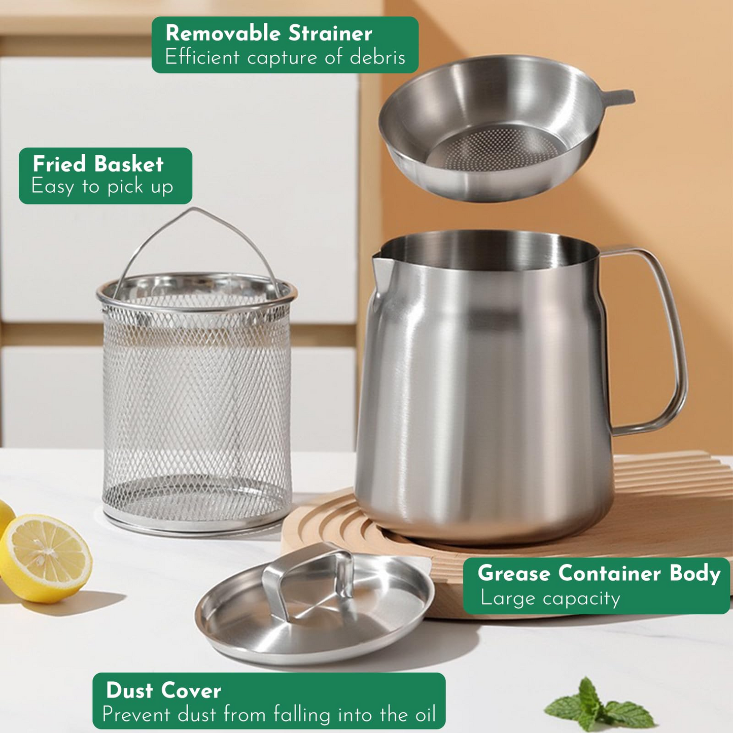 2 in 1 304 Stainless Steel Oil Strainer Pot Large Capacity Filter Pot with Deep Fryer Basket for Kitchen Camping 68oz 2L